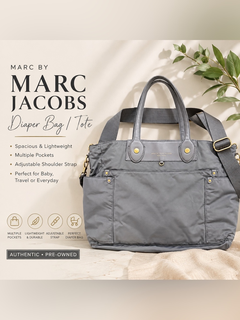 Marc Jacobs Gray Nylon Tote with Gold-Tone Accents